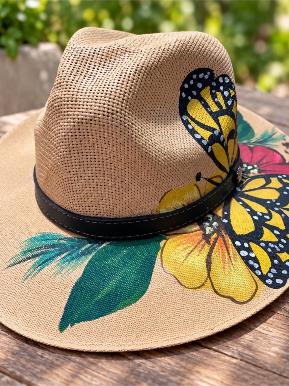 Kids Straw Fedora Sun Hat with Yellow Butterfly & Floral Print
